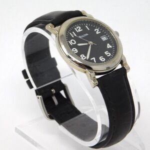 Vintage Bulova Mens 96B48 Watch Black Dial Leather Band Date Minimalist Luminous